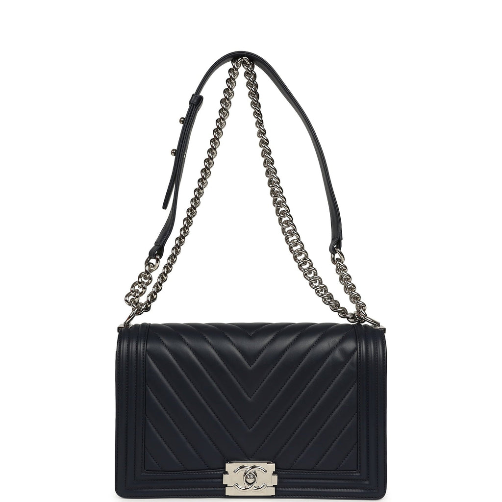 Pre-owned Chanel New Medium Chevron Boy Bag Navy Blue Calfskin Silver Hardware
