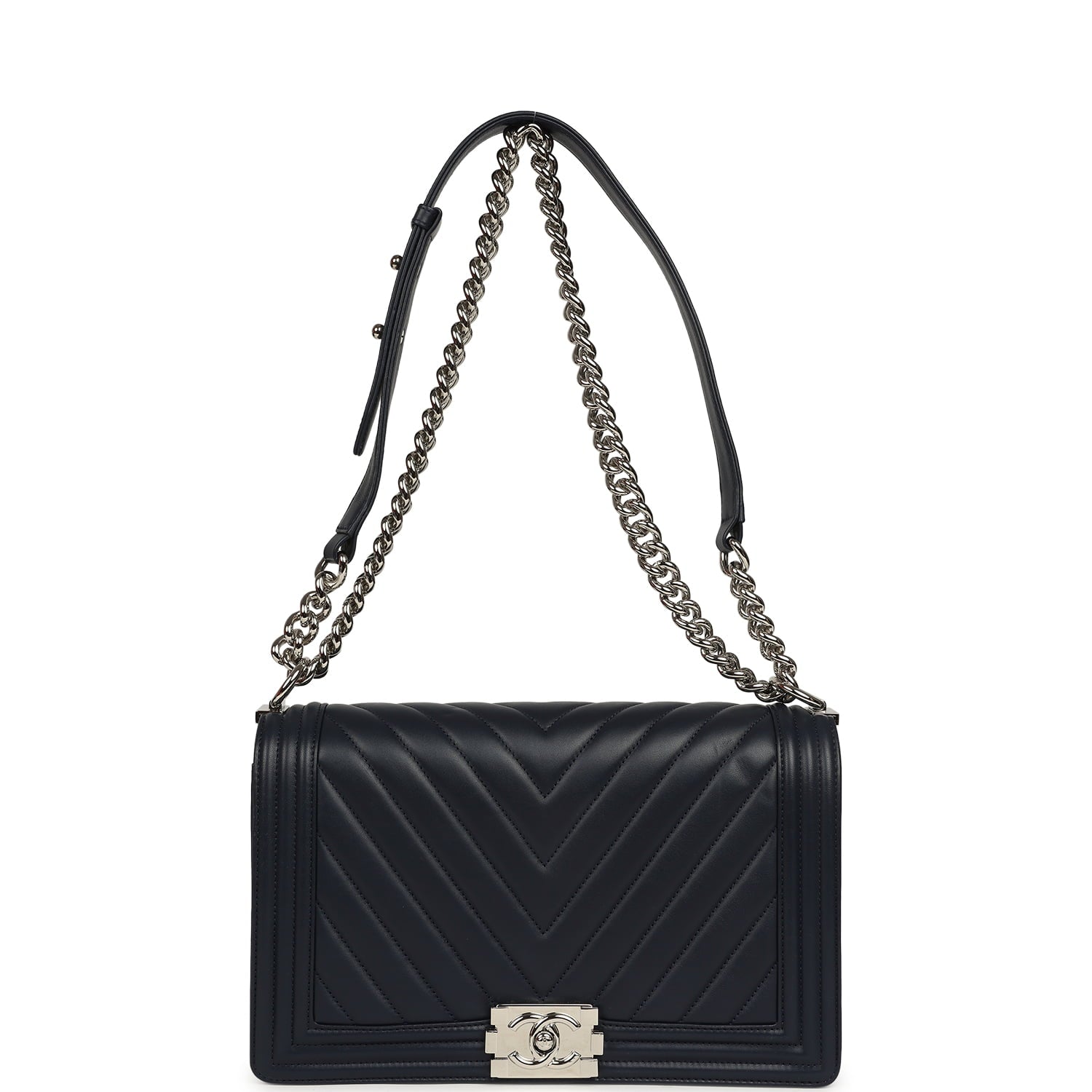 Pre-owned Chanel New Medium Chevron Boy Bag Navy Blue Calfskin Silver Hardware