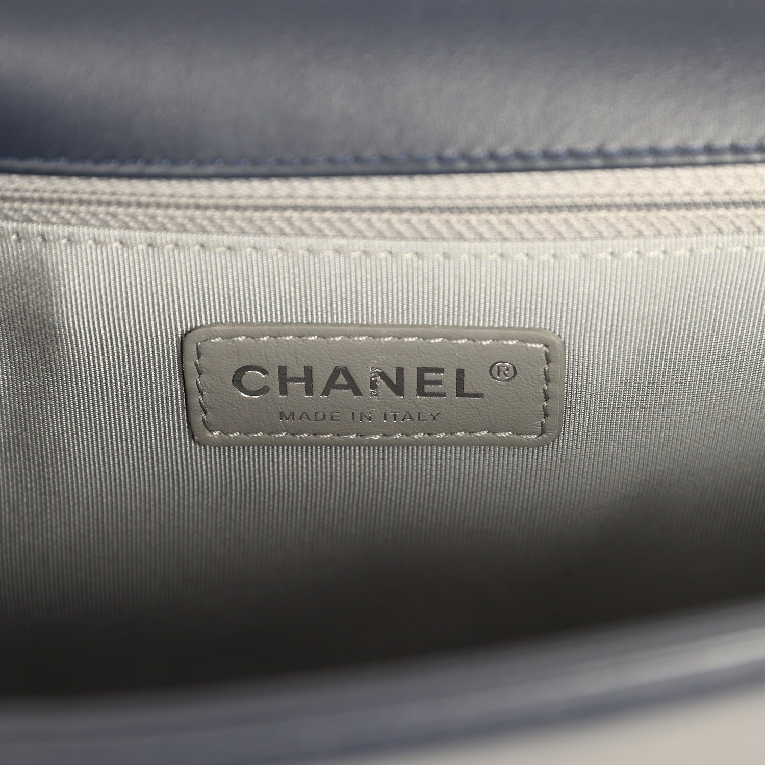 Pre-owned Chanel New Medium Chevron Boy Bag Navy Blue Calfskin Silver Hardware