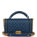 Pre-owned Chanel Medium Top Handle Braided Boy Bag Blue Lambskin Antique Gold Hardware