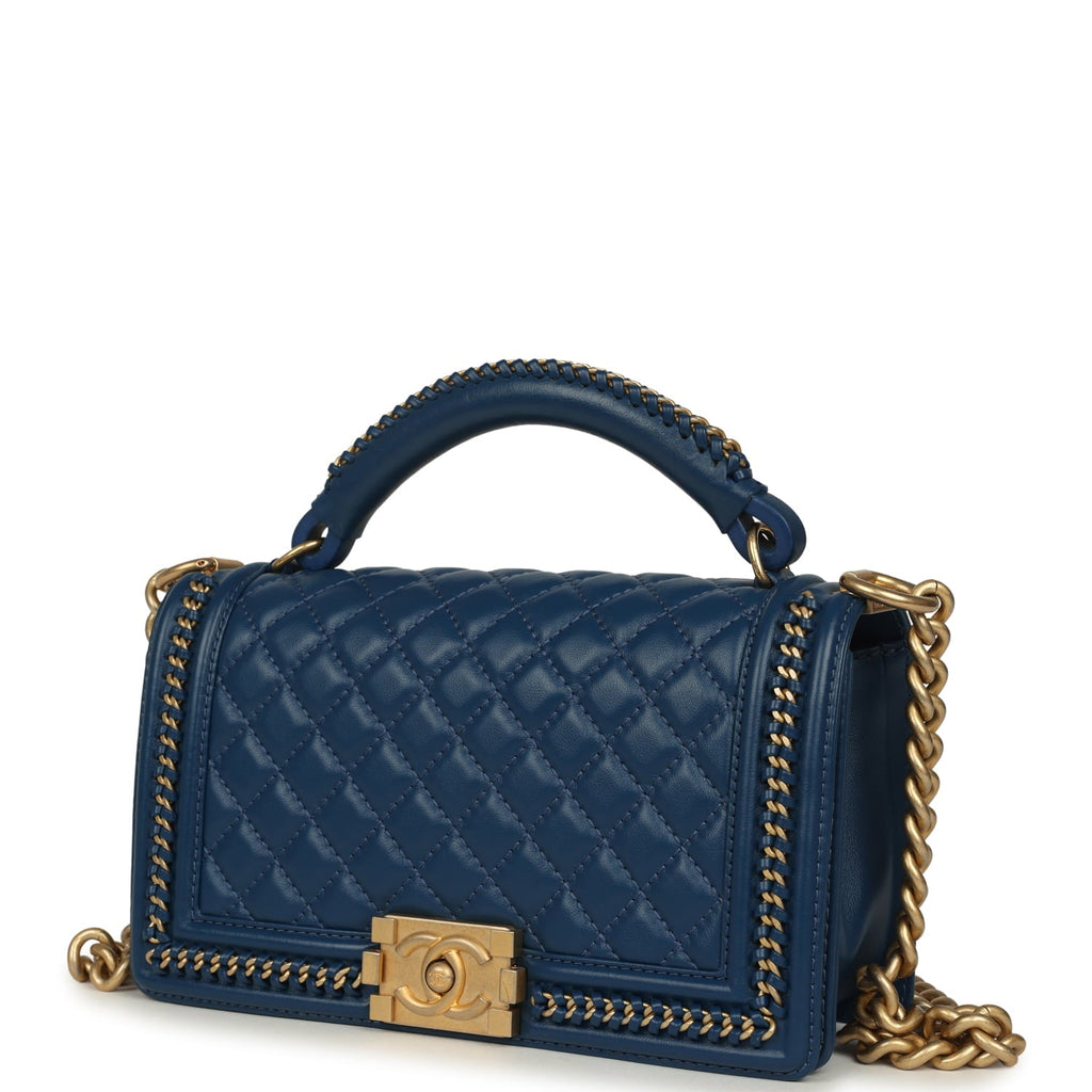 Pre-owned Chanel Medium Top Handle Braided Boy Bag Blue Lambskin Antique Gold Hardware
