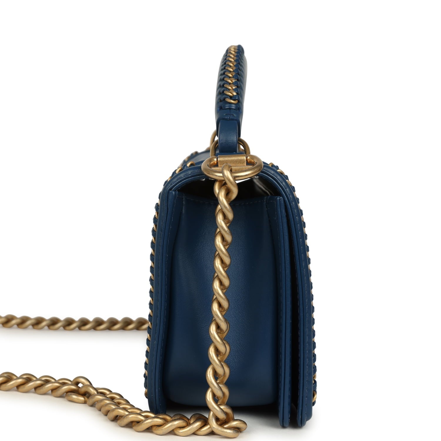 Pre-owned Chanel Medium Top Handle Braided Boy Bag Blue Lambskin Antique Gold Hardware