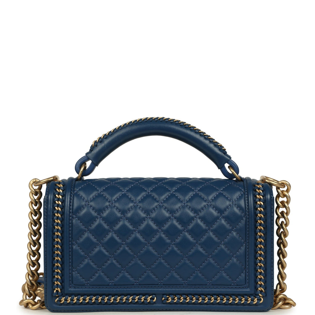 Pre-owned Chanel Medium Top Handle Braided Boy Bag Blue Lambskin Antique Gold Hardware