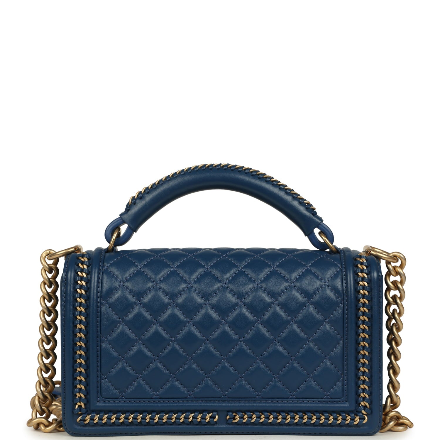 Pre-owned Chanel Medium Top Handle Braided Boy Bag Blue Lambskin Antique Gold Hardware