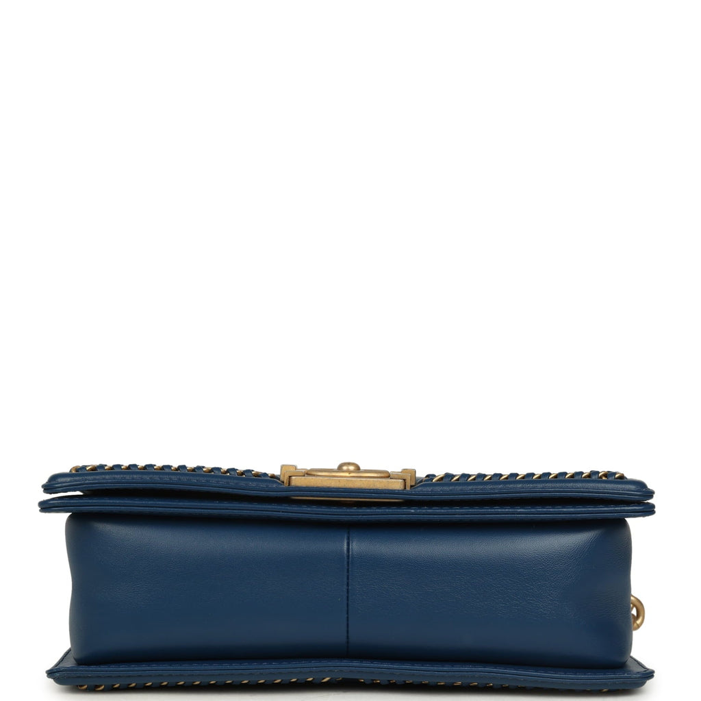 Pre-owned Chanel Medium Top Handle Braided Boy Bag Blue Lambskin Antique Gold Hardware