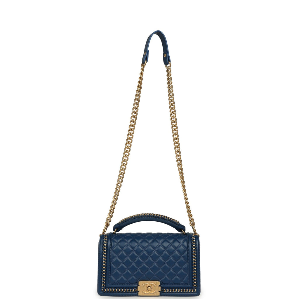 Pre-owned Chanel Medium Top Handle Braided Boy Bag Blue Lambskin Antique Gold Hardware