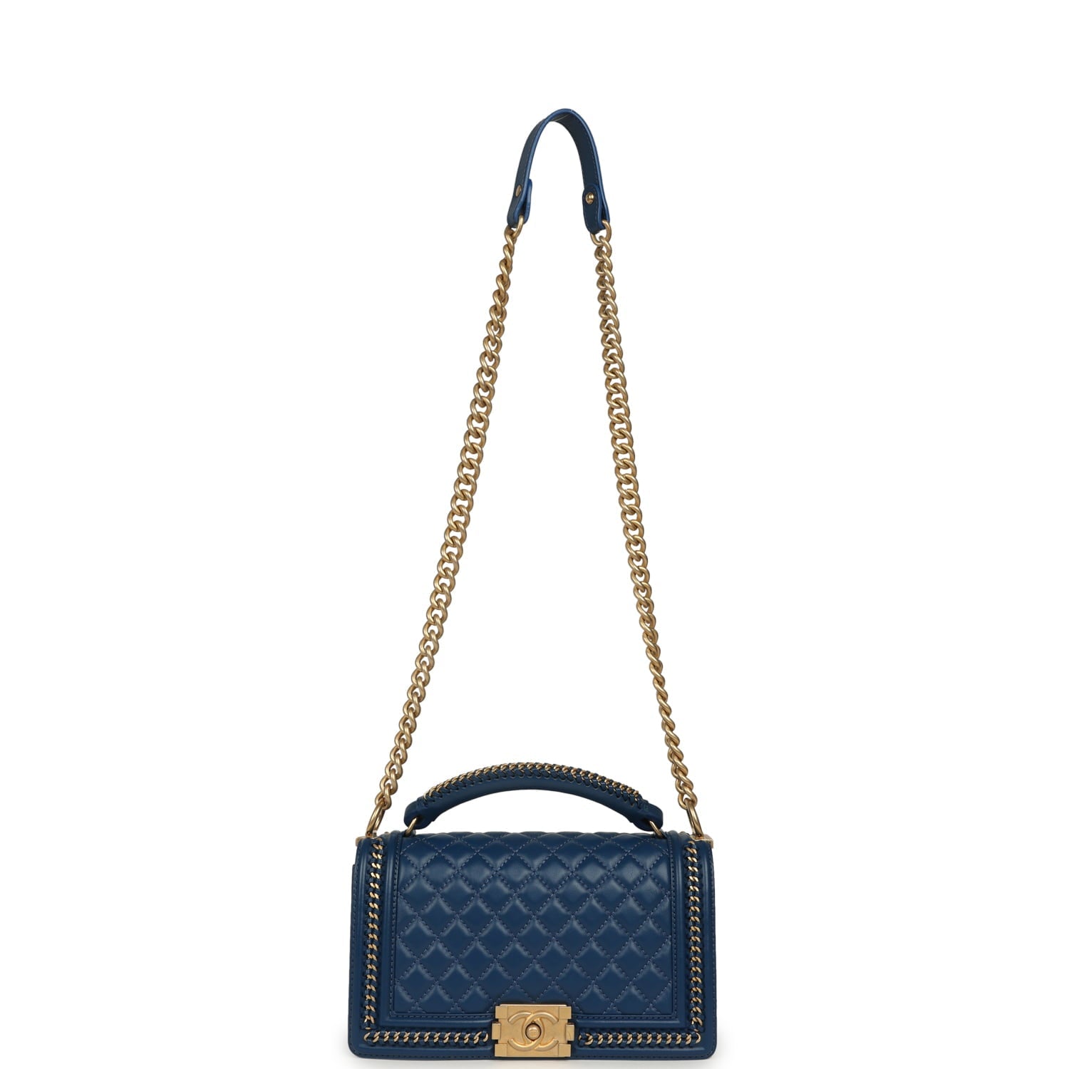 Pre-owned Chanel Medium Top Handle Braided Boy Bag Blue Lambskin Antique Gold Hardware