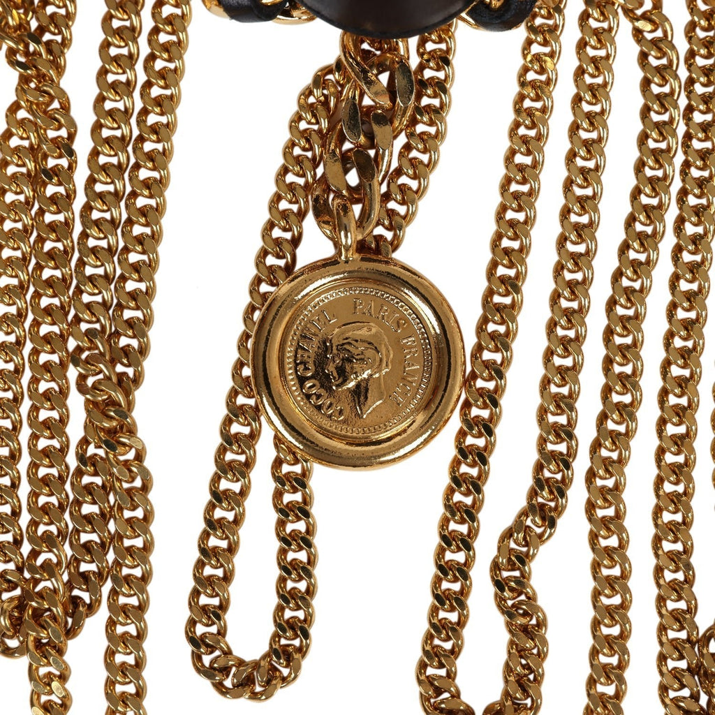 Chanel Vintage 24K Gold Plated Fringe Chain Leather Belt Black Leather