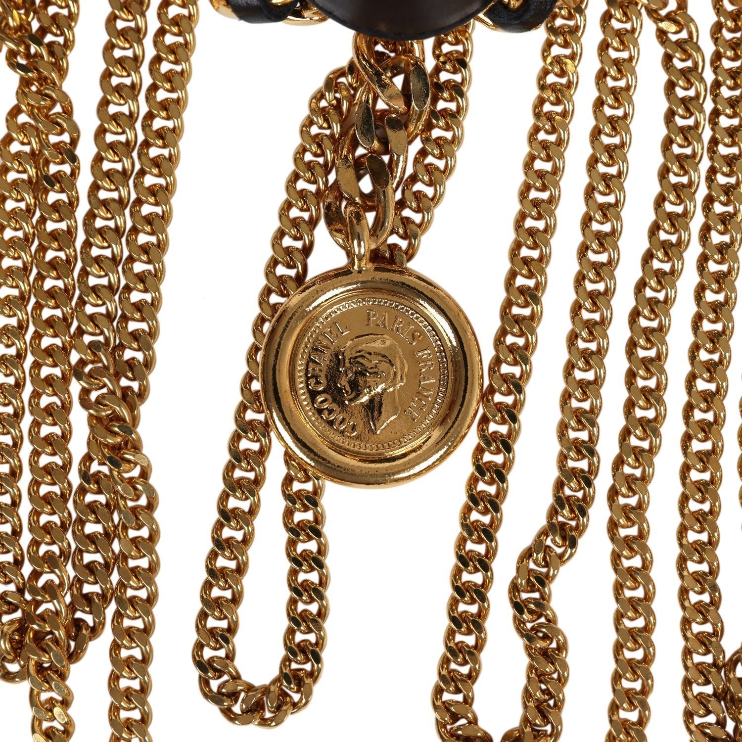 Chanel Vintage 24K Gold Plated Fringe Chain Leather Belt Black Leather