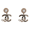 Chanel Light Gold Faux Pearl Crystal Coco Script CC Drop Earrings