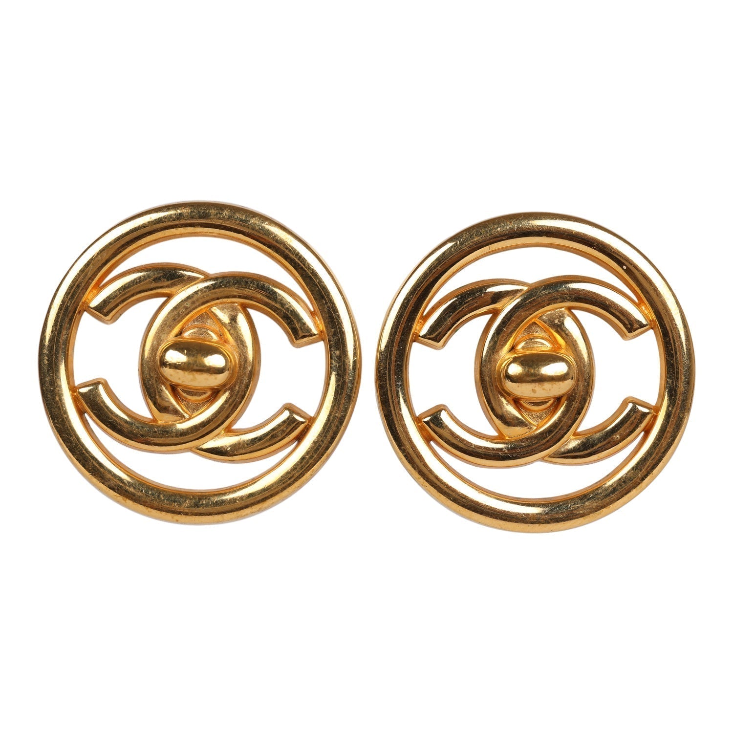 Chanel Vintage 24K Gold Plated CC Circle Turnlock Earrings