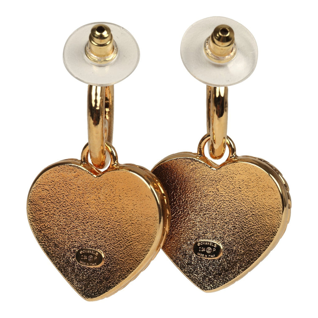 Chanel Gold Hoop CC Blue Denim Heart Dangle Earrings Gold Hardware