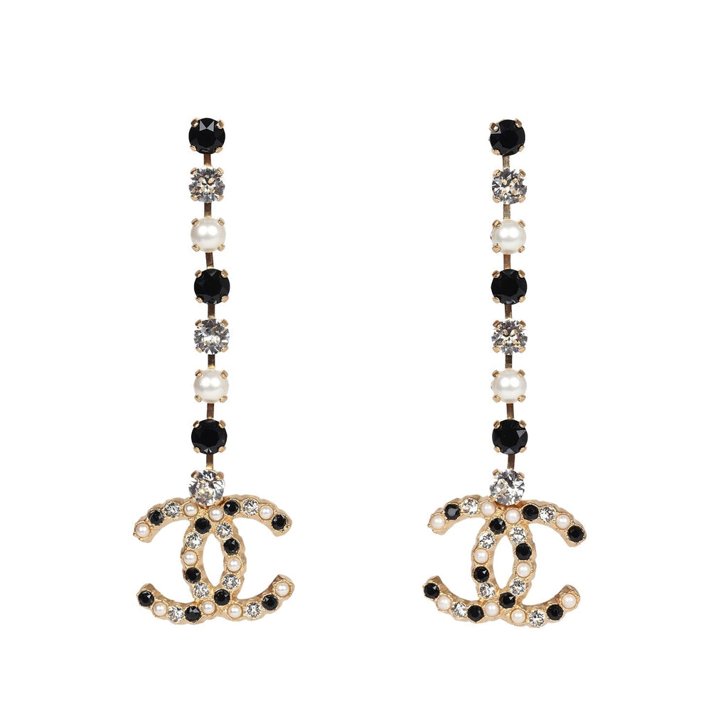 Chanel CC Black/White Crystals and Pearls Drop Earrings Gold Hardware