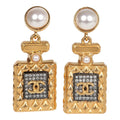 Chanel Crystal Pearl Perfume Bottle Dangle Earrings Gold Hardware