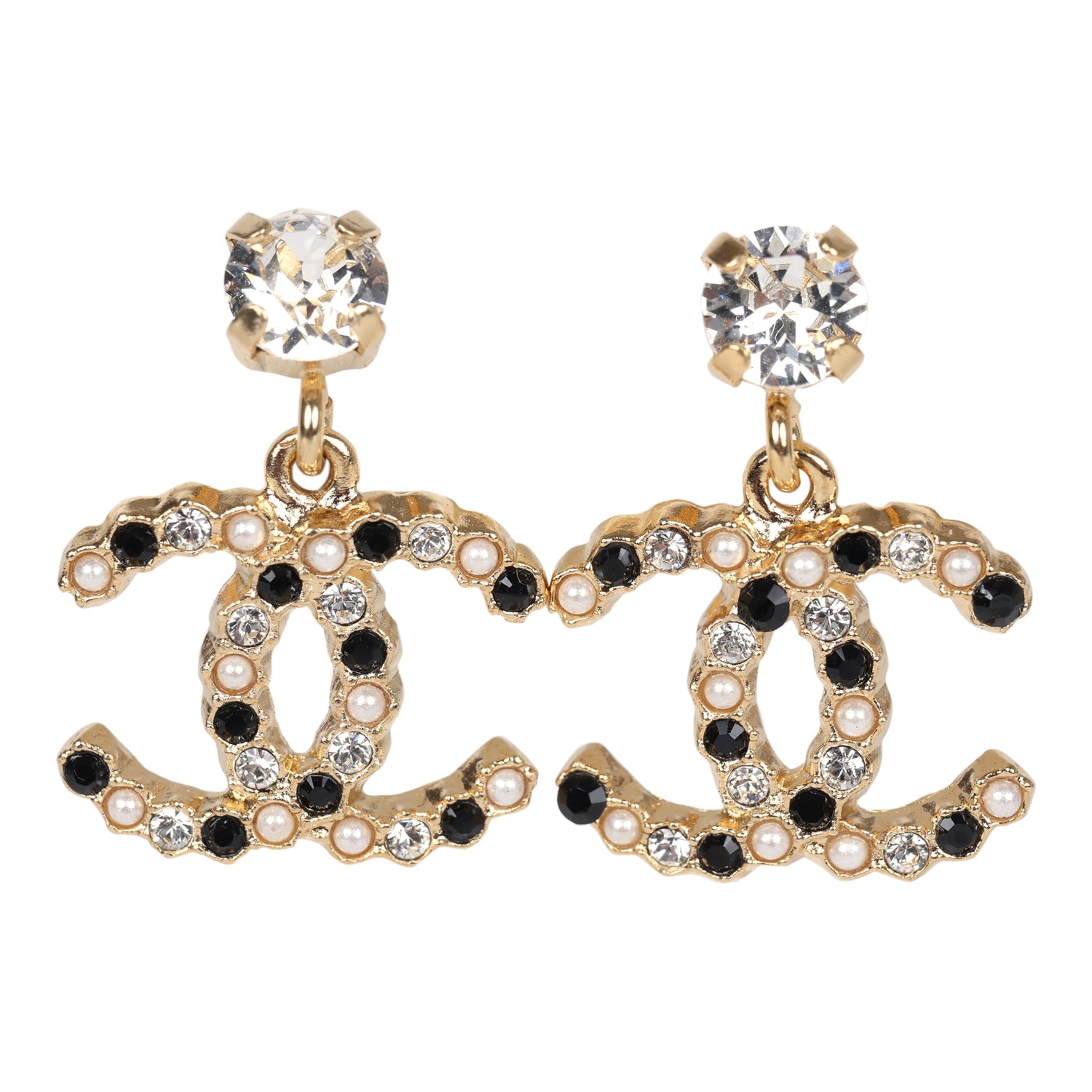 Chanel CC Crystals & Resin Pearls Dangle Earrings Blac and White Gold Tone Metal