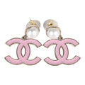 Chanel Large Enamel CC Dangle Earrings Light Pink Faux Pearl/Light Gold Tone Hardware