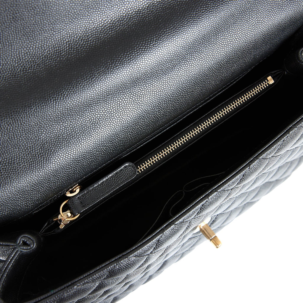 Chanel Large Coco Handle Flap Bag Black Caviar Lizard Handle Antique Gold Hardware