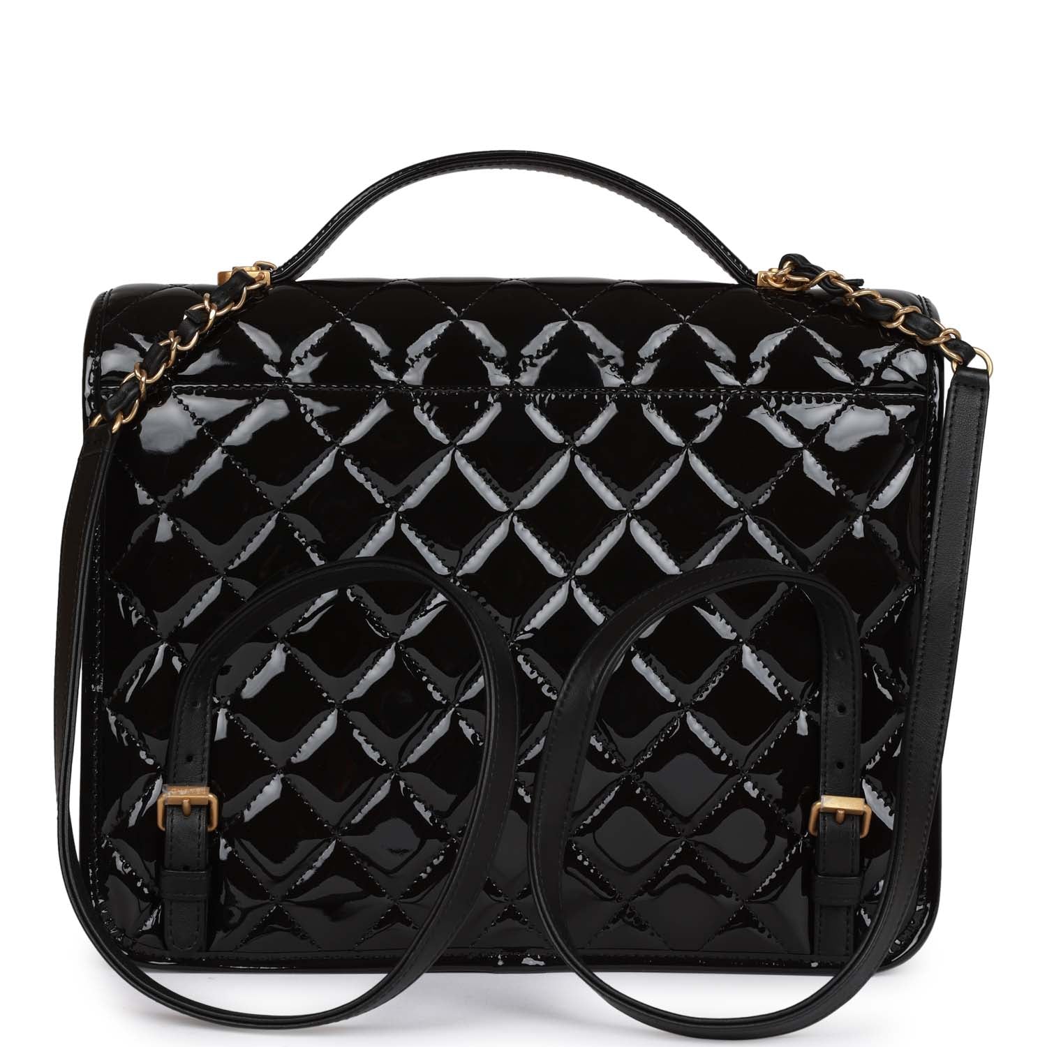 Chanel Large Flap Backpack Black Patent Antique Gold Hardware