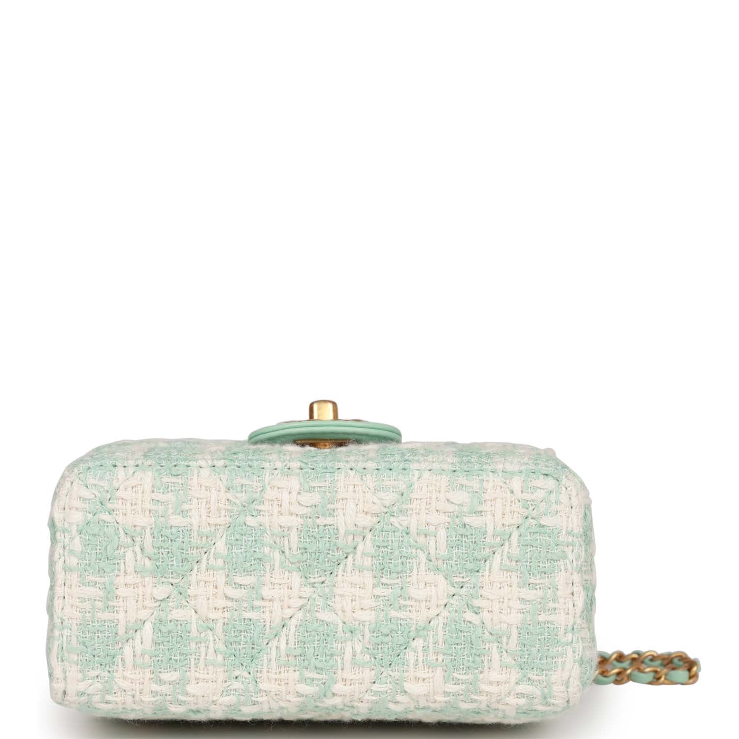 Chanel Mini Square Flap with Top Handle Turquoise and Ecru Tweed Antique Gold Hardware