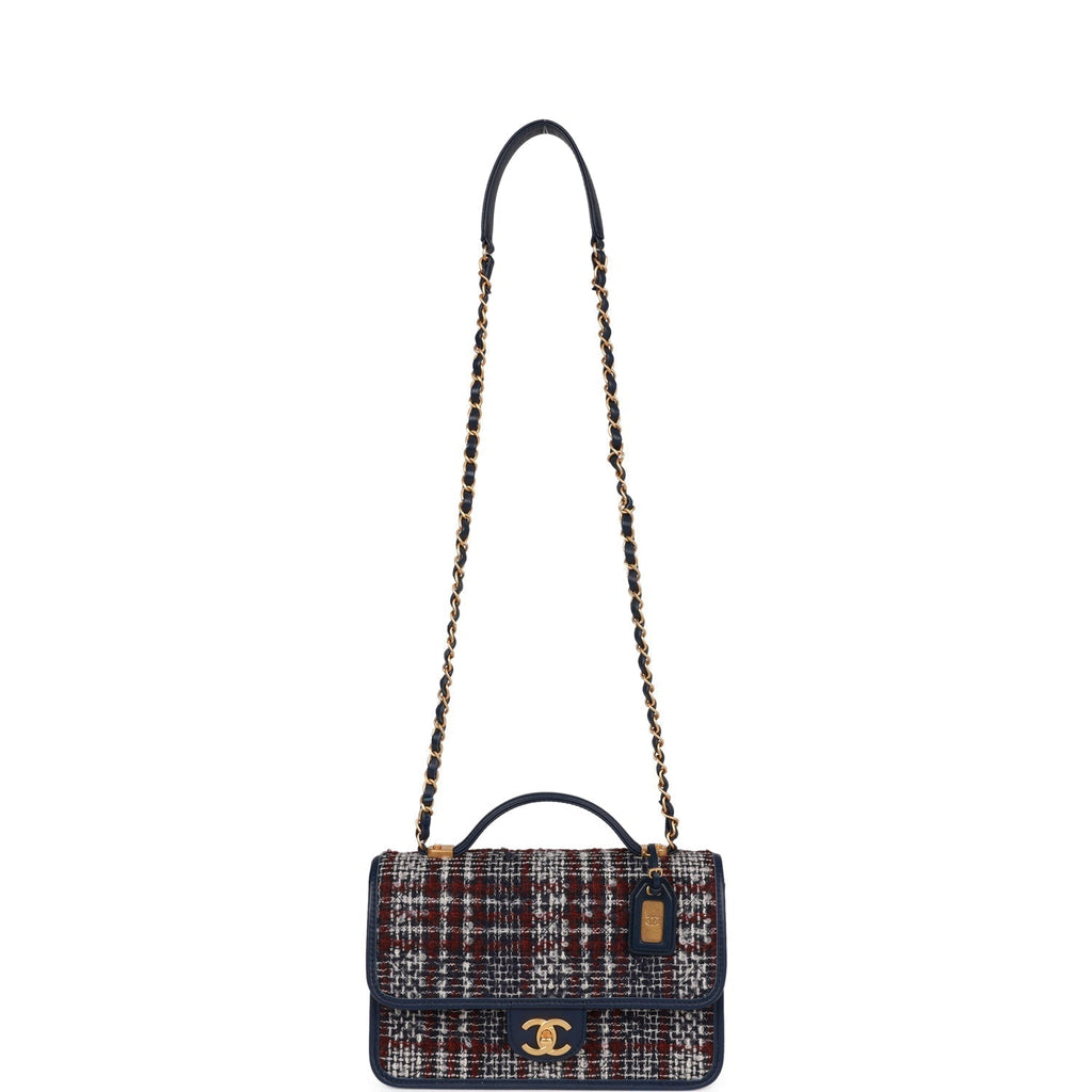 Chanel Medium School Memory Flap Bag with Top Handle Navy Multicolor Tweed Aged Gold Hardware