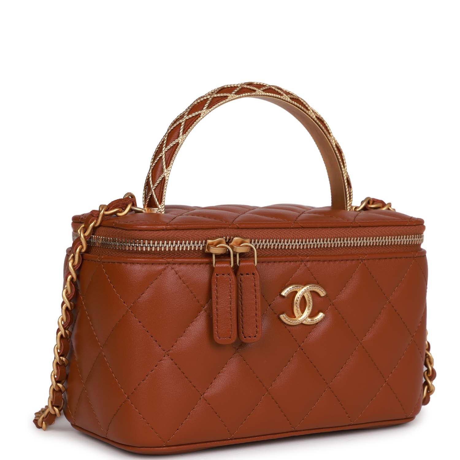 Chanel Small Top Handle Vanity Case Brown Lambskin Brushed Gold Hardware