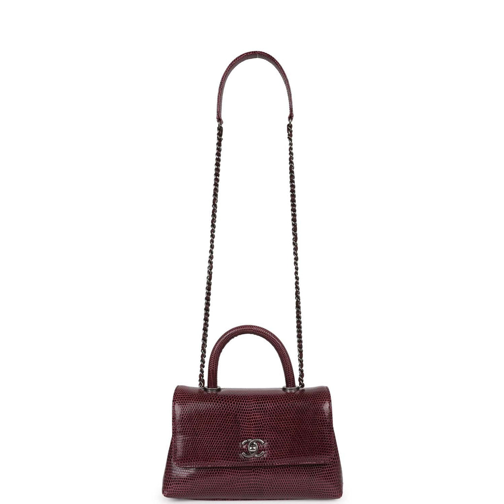 Pre-owned Chanel Mini Coco Handle Burgundy Lizard Ruthenium Hardware