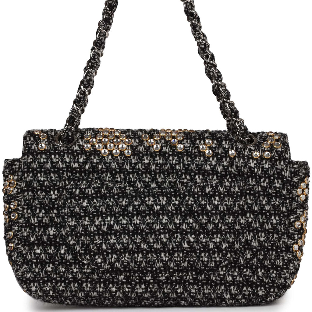 Chanel Medium Single Flap Black and White Tweed With Crystals Silver Hardware