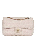 Chanel Medium Single Flap Bag Pink and White Tweed Brushed Gold Hardware
