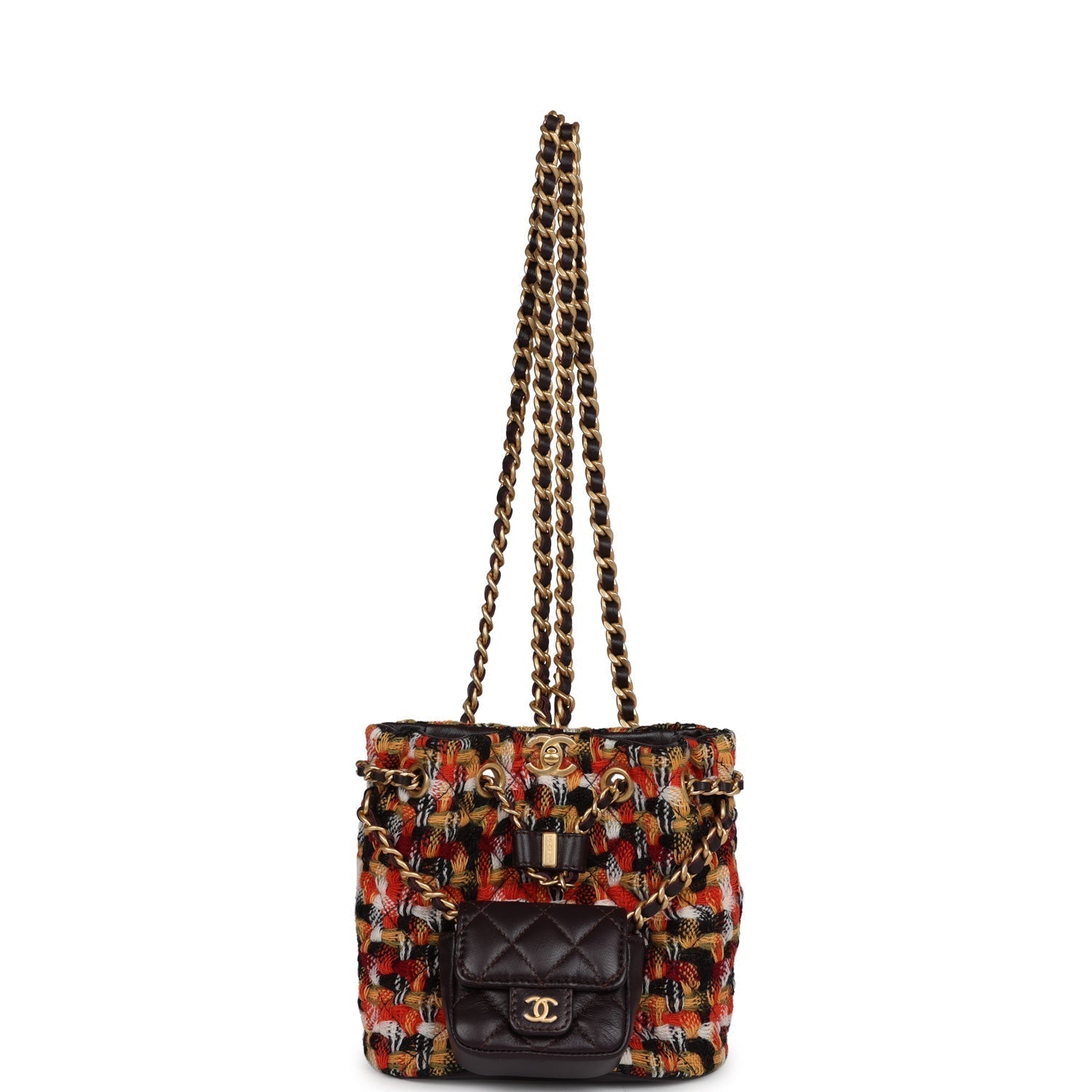 Chanel Small Drawstring Backpack Multicolored Tweed Antique Gold Hardware