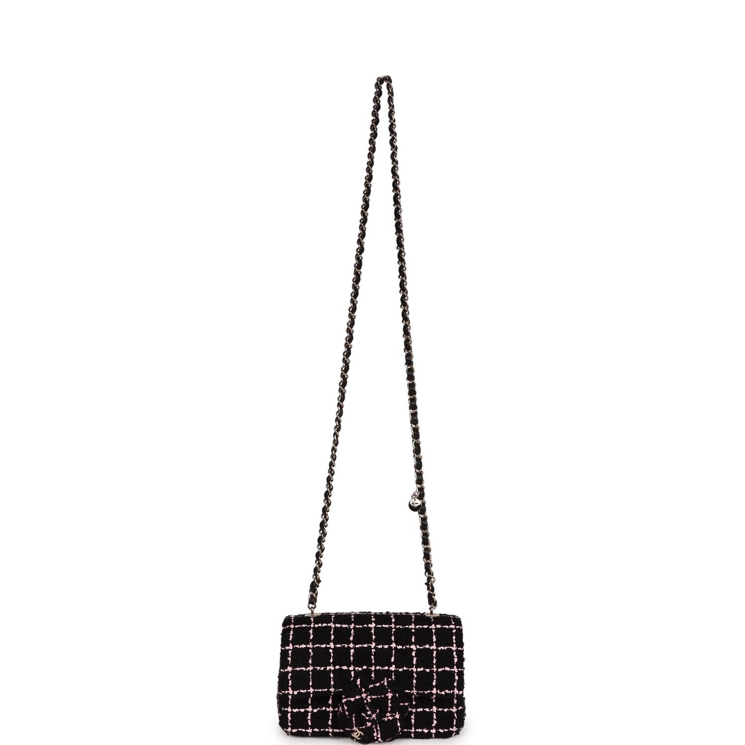 Chanel Mini Camellia Closure Flap Black and Pink Tweed Gold Hardware