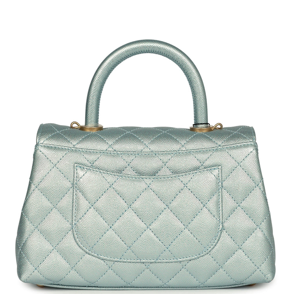 Chanel Small Coco Handle Flap Bag Light Blue Iridescent Caviar Aged Gold Hardware