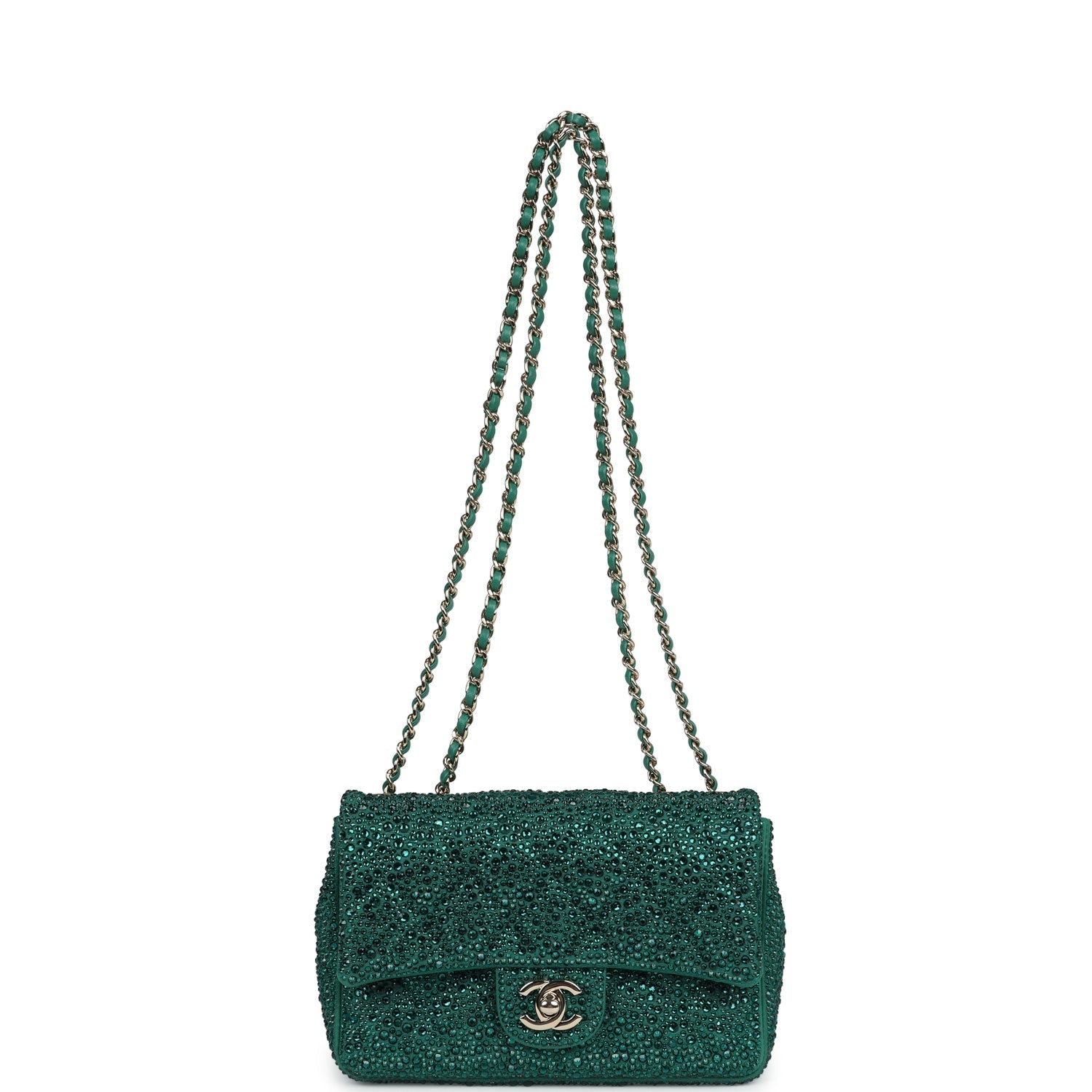 Chanel Mini Flap Bag Green Swarovski Crystal and Green Lambskin Silver Hardware