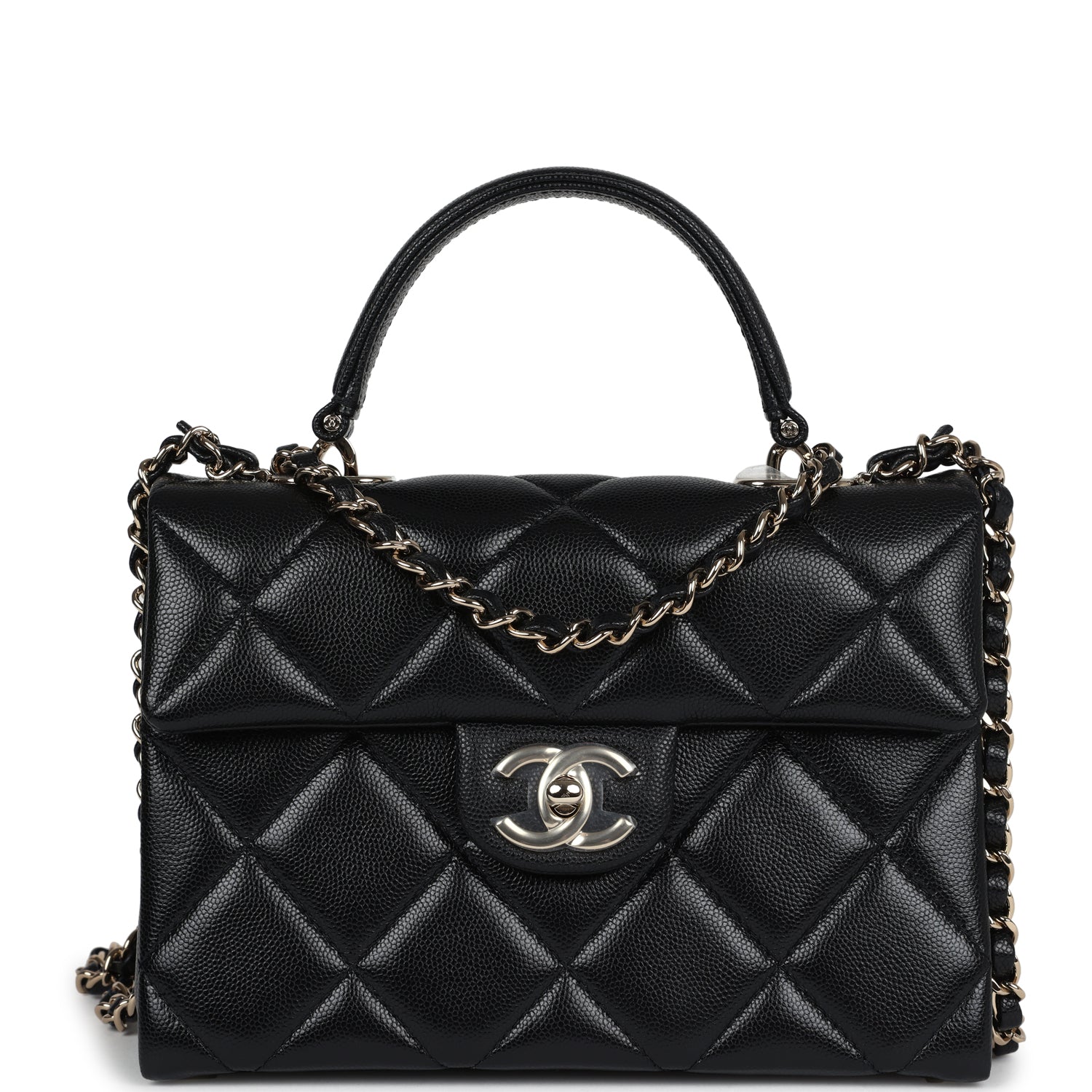 Chanel Small Square Top Handle Flap Bag Black Caviar Light Gold Hardware