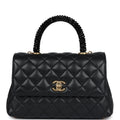 Chanel Small Coco Crystal Top Handle Flap Bag Black Lambskin Brushed Gold Hardware