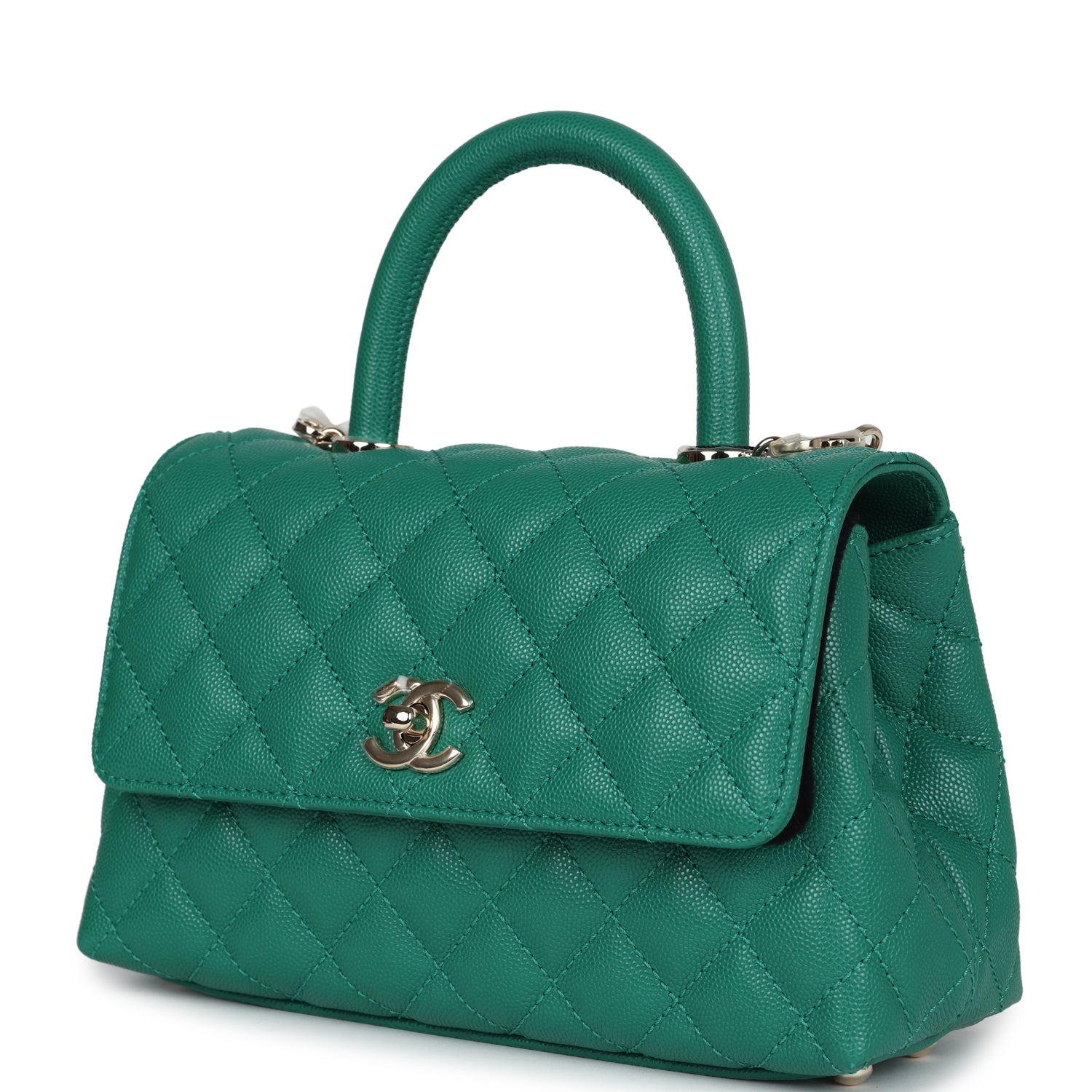 Chanel Mini Coco Top Handle Flap Bag Dark Green Caviar Light Gold Hardware