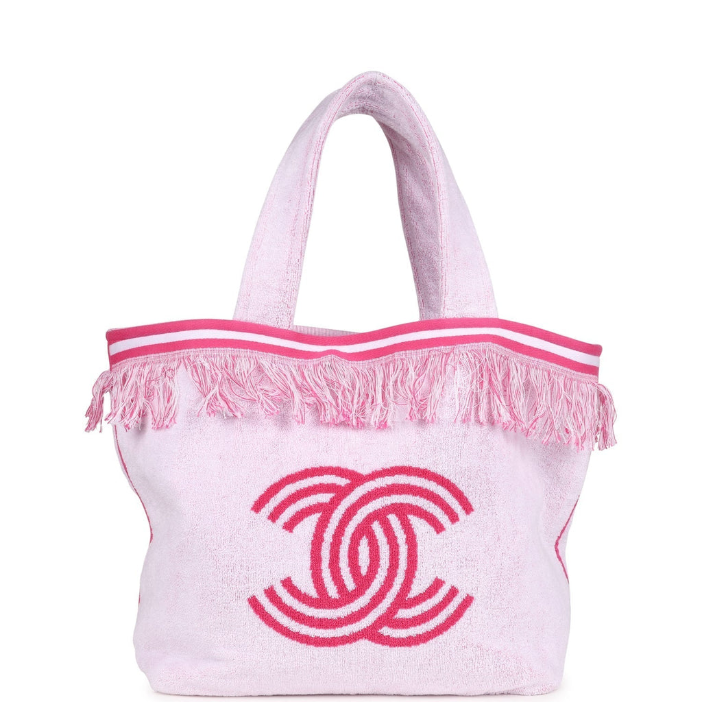 Chanel CC Beach Tote Bag & Towel Set Pink & White Canvas & Terry