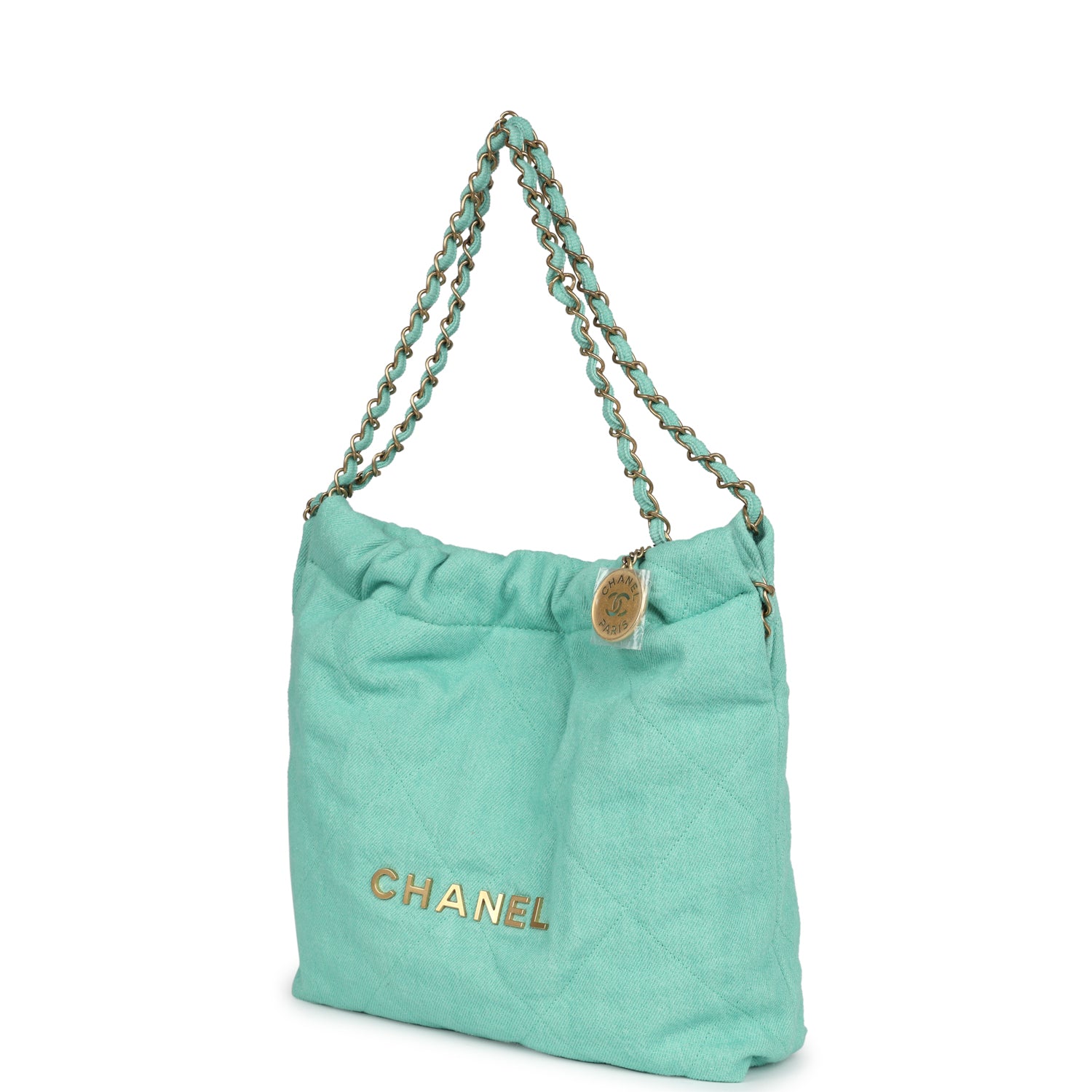 Chanel Small 22 Bag Light Green Washed Denim Gold Hardware