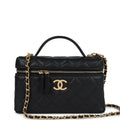 Chanel Top Handle Long Vanity Case With Chain Black Shiny Caviar Brushed Gold Hardware