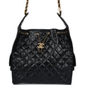 Chanel Medium 25 Hobo Bag Black Shiny Lambskin Antique Gold Hardware