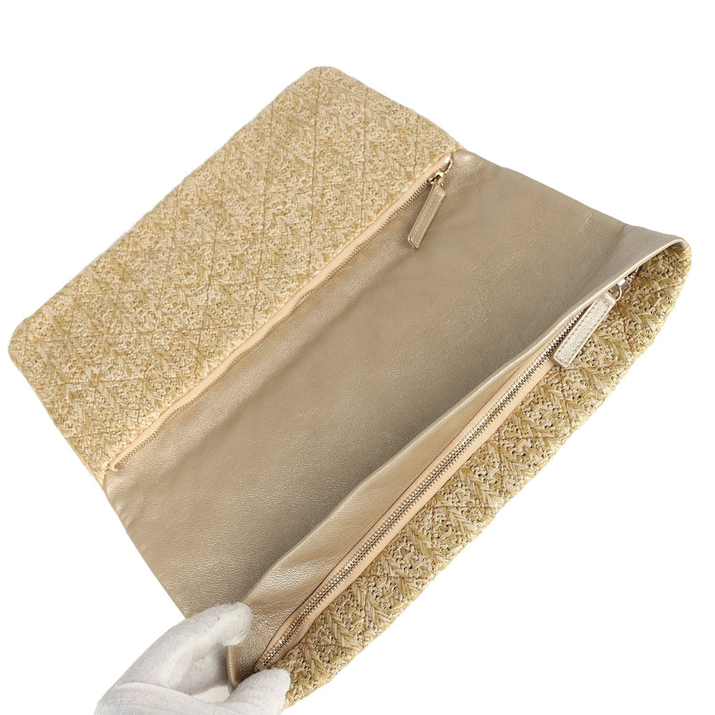 Chanel CC Woven Clutch Gold Natural Raffia Antique Gold Hardware