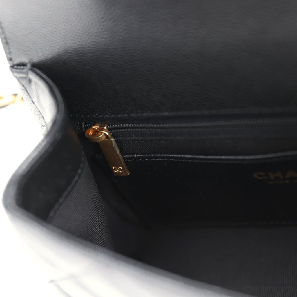 Chanel Small Top Handle Flap Bag Black Shiny Grained Calfskin Brushed Gold Hardware