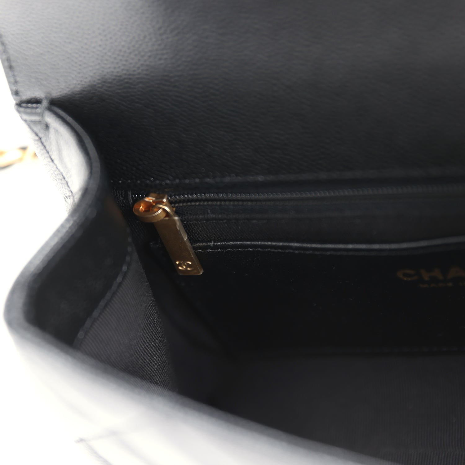 Chanel Small Top Handle Flap Bag Black Shiny Grained Calfskin Brushed Gold Hardware