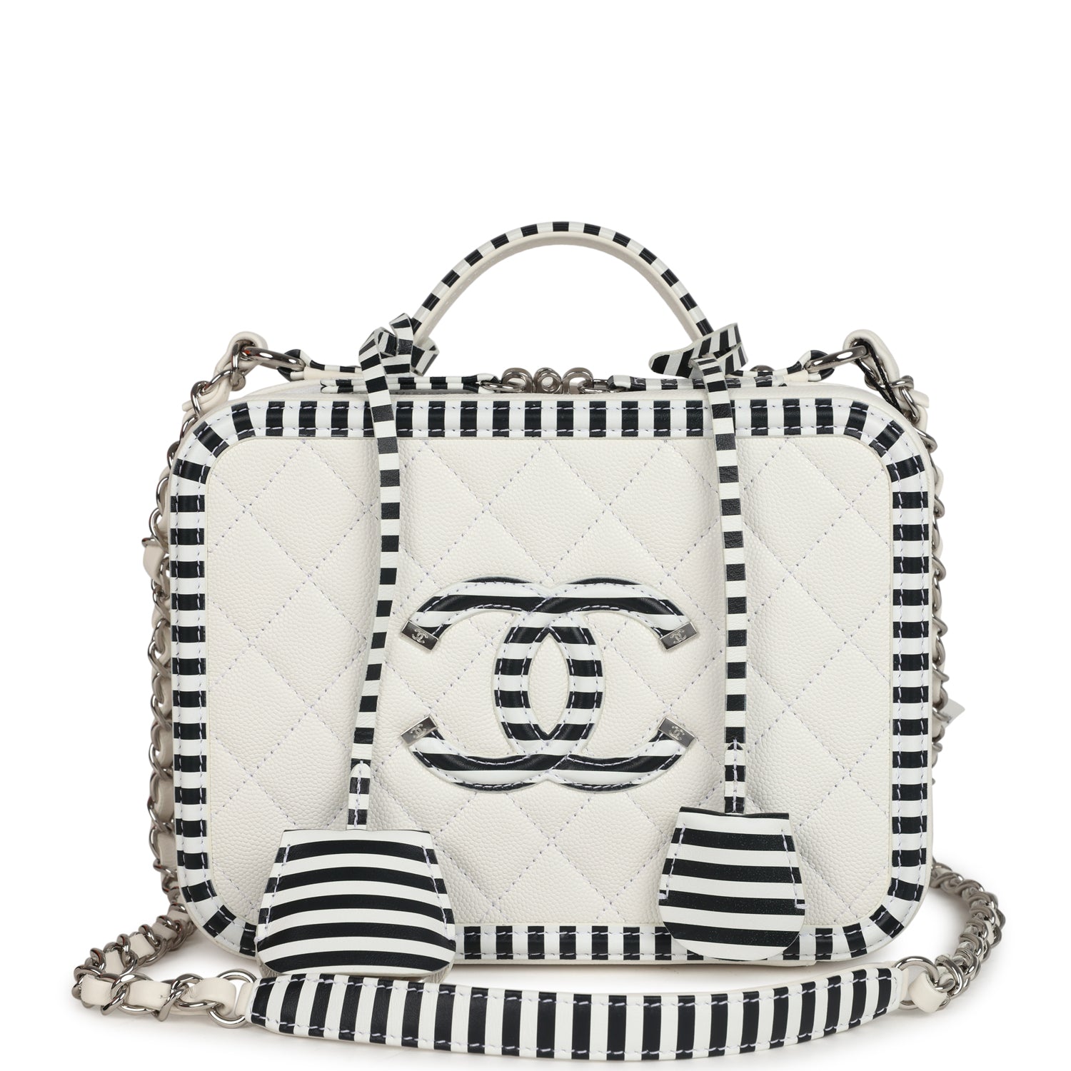 Chanel Medium CC Filigree Vanity Case Black and White Caviar Silver Hardware