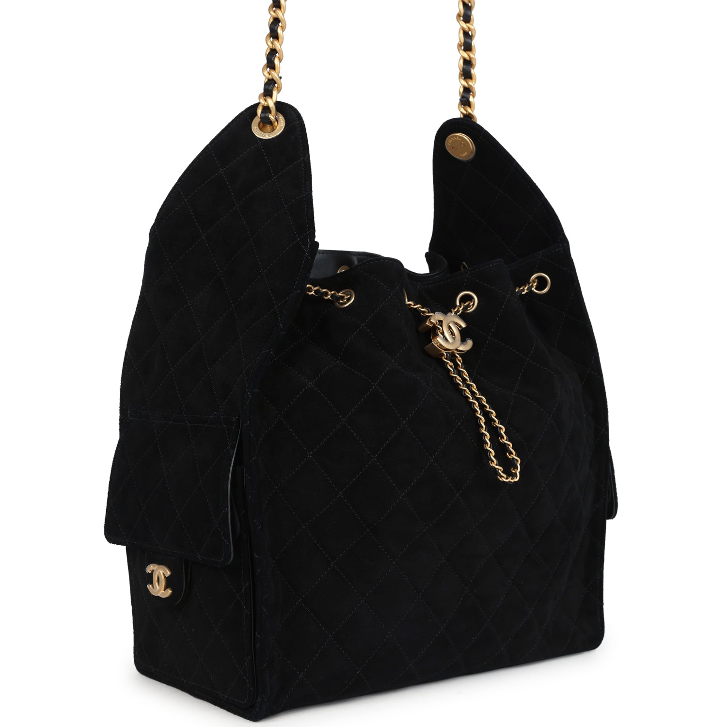 Chanel Large 25 Hobo Bag Black Suede Antique Gold Hardware