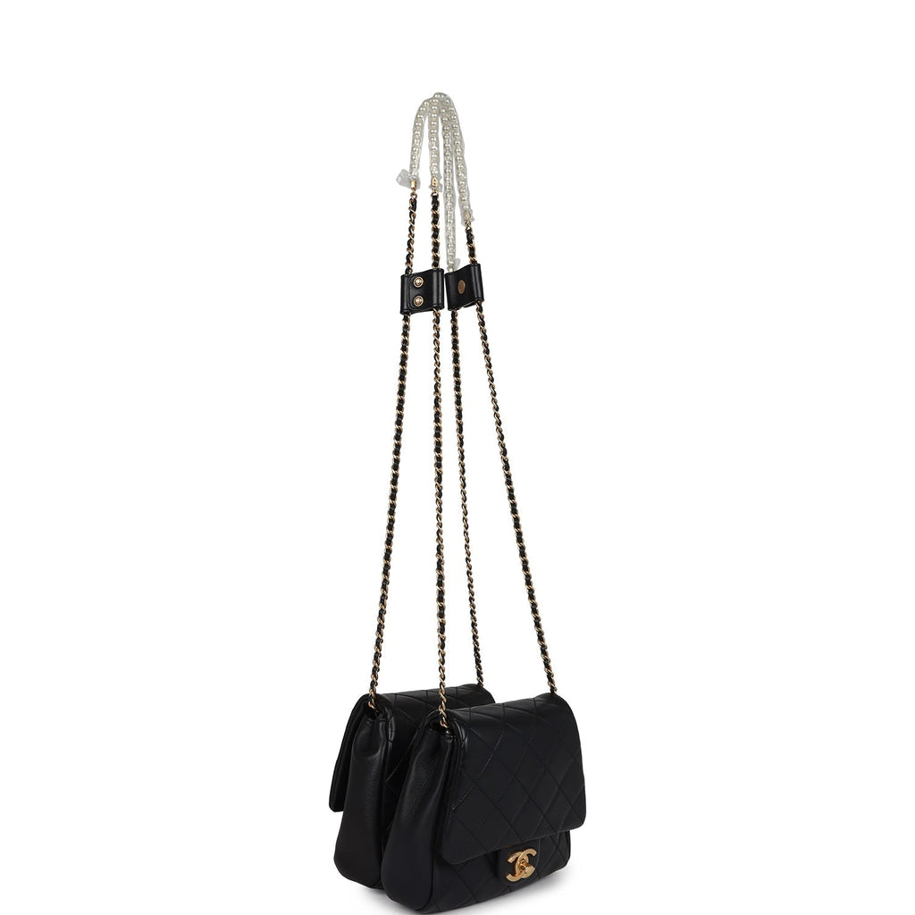 Pre-owned Chanel Twins Side Pack Black Lambskin Faux Pearls & Brushed Gold Hardware