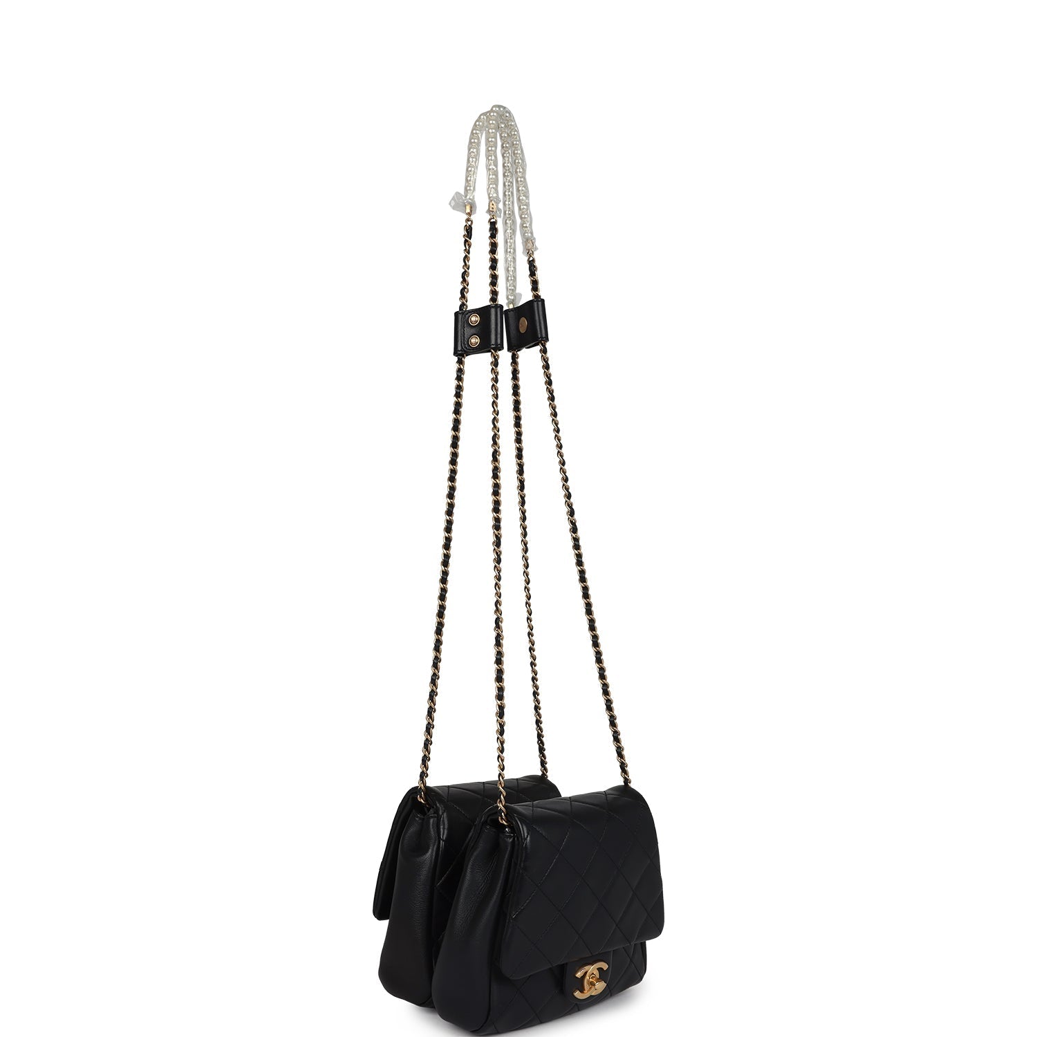 Pre-owned Chanel Twins Side Pack Black Lambskin Faux Pearls & Brushed Gold Hardware