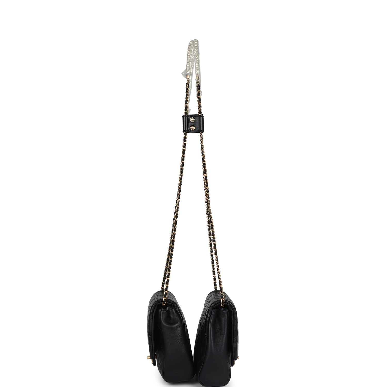 Pre-owned Chanel Twins Side Pack Black Lambskin Faux Pearls & Brushed Gold Hardware