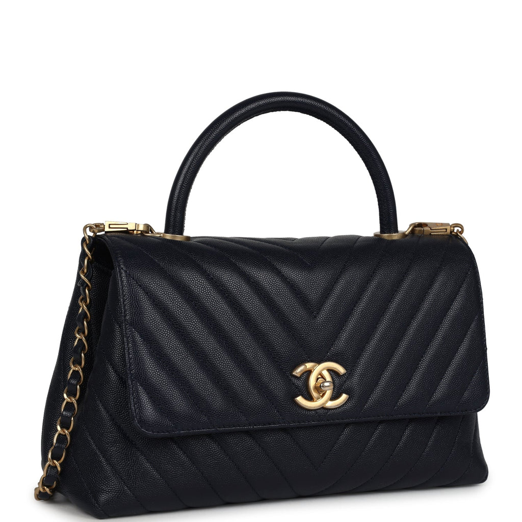 Pre-owned Chanel Small Coco Top Handle Navy Blue Chevron Caviar Antique Gold Hardware