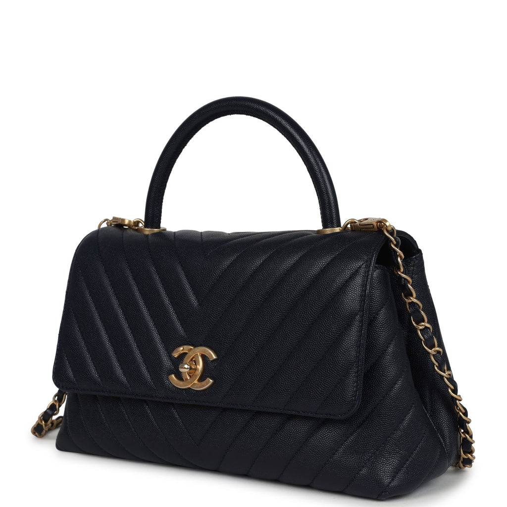 Pre-owned Chanel Small Coco Top Handle Navy Blue Chevron Caviar Antique Gold Hardware