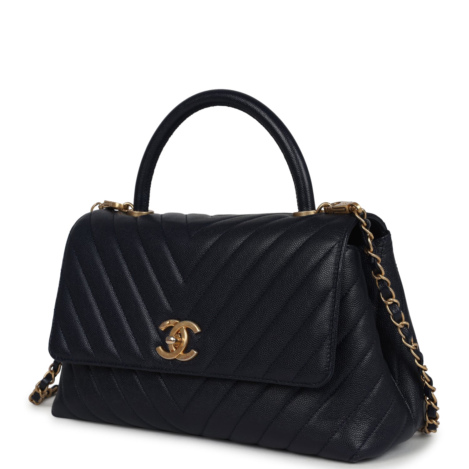 Pre-owned Chanel Small Coco Top Handle Navy Blue Chevron Caviar Antique Gold Hardware